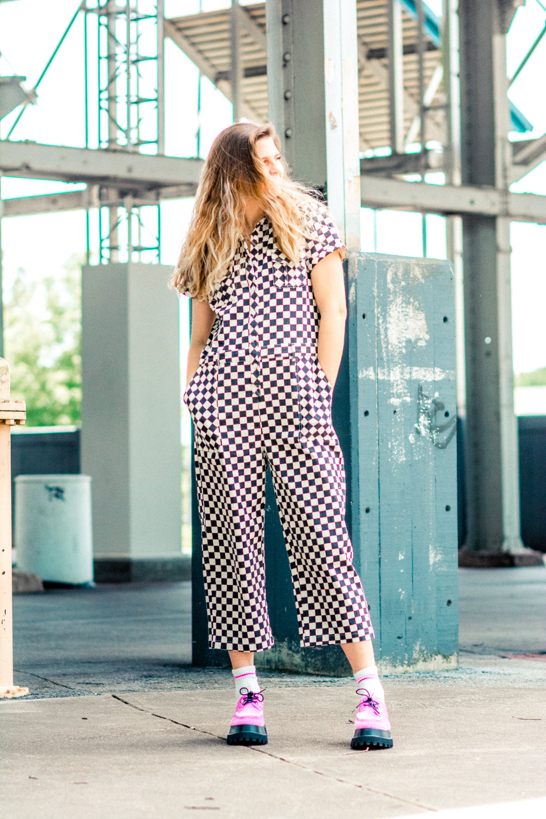 ONE & ONLY CHECKERED JUMPSUIT IN BLACK AND WHITE KITS BRAND  affordable Womens and Mens trendy online streetwear fashion boutique 