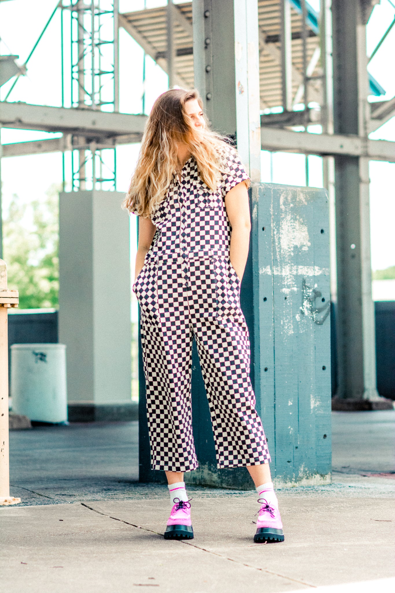 ONE & ONLY CHECKERED JUMPSUIT IN BLACK AND WHITE KITS BRAND  affordable Womens and Mens trendy online streetwear fashion boutique 