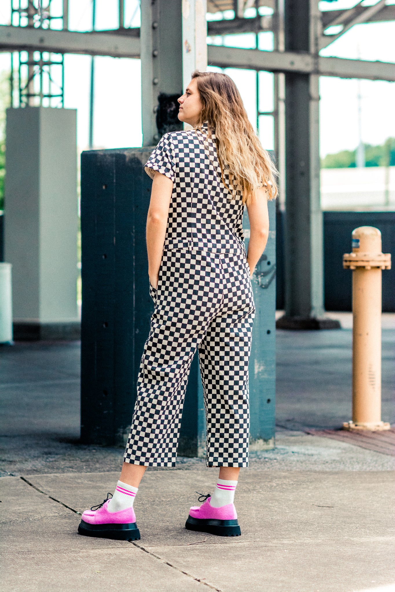 ONE & ONLY CHECKERED JUMPSUIT IN BLACK AND WHITE KITS BRAND  affordable Womens and Mens trendy online streetwear fashion boutique 
