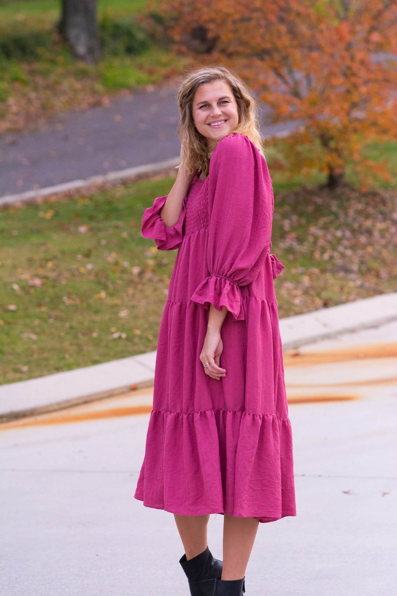 HOLIDAY SEASON TIERED DRESS IN CRANBERRY KITS BRAND  affordable Womens and Mens trendy online streetwear fashion boutique 