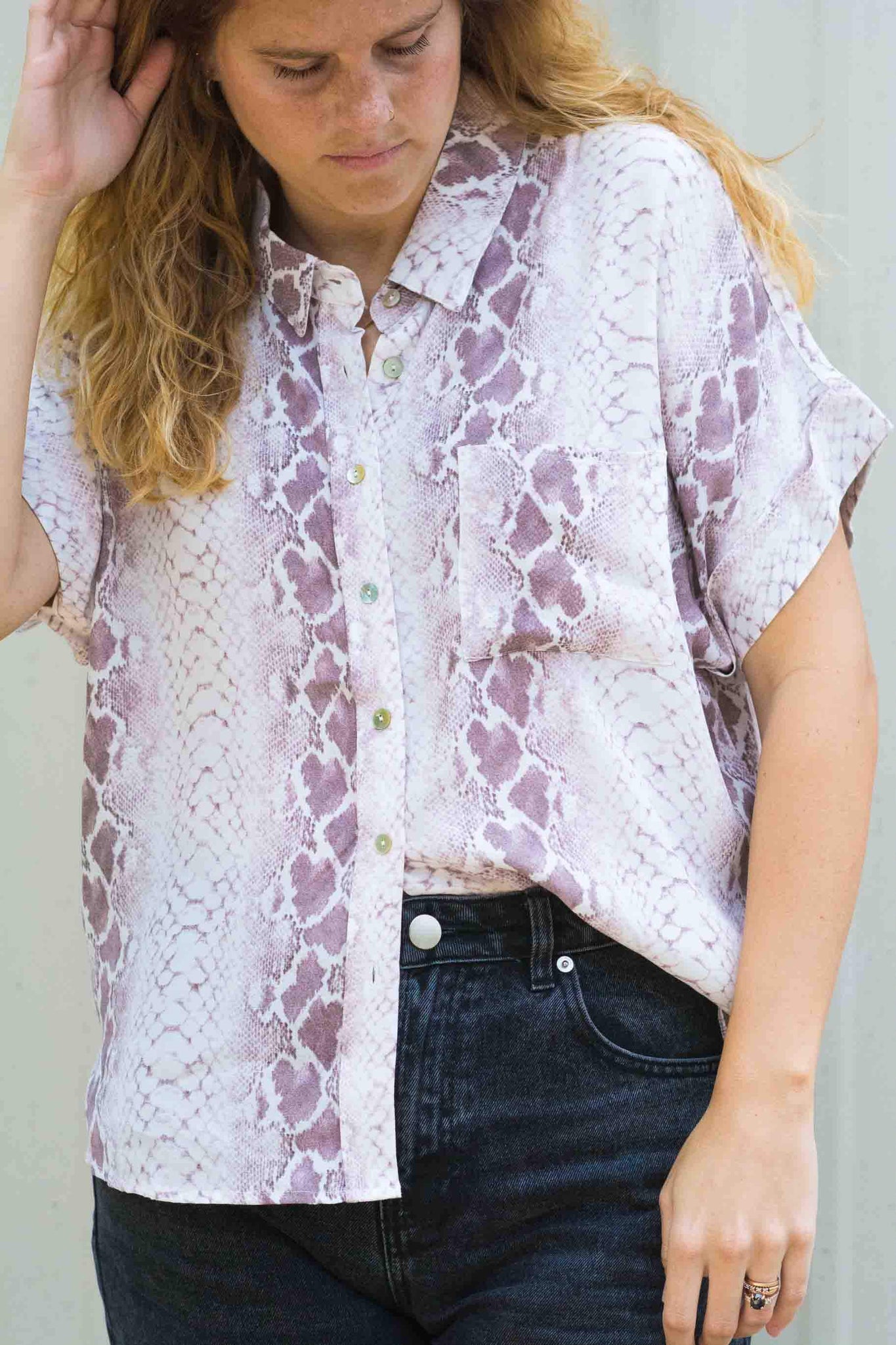 SNAKE PRINT BUTTON DOWN KITS BRAND Shirts & Tops affordable Womens and Mens trendy online streetwear fashion boutique 