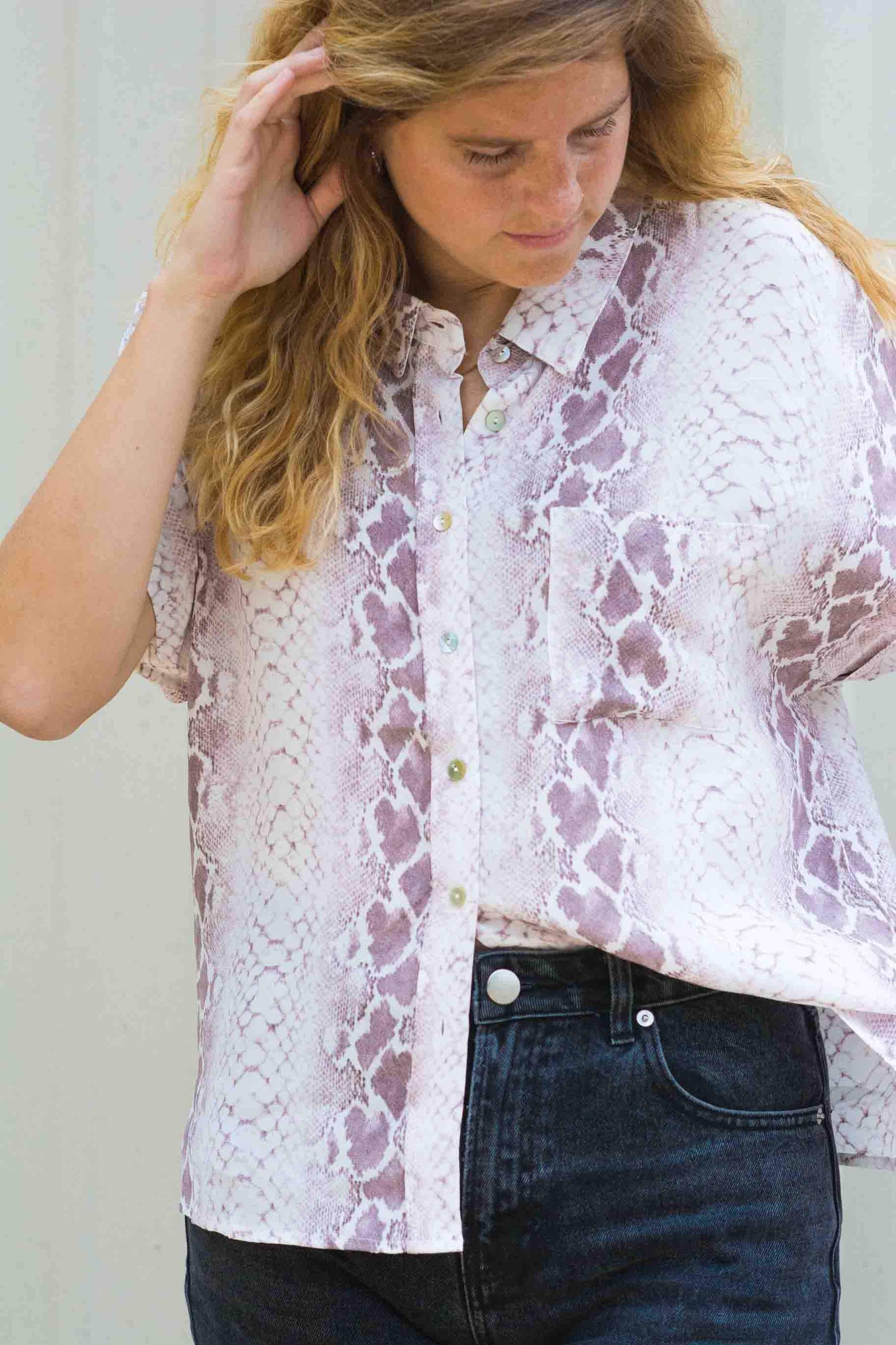 SNAKE PRINT BUTTON DOWN KITS BRAND Shirts & Tops affordable Womens and Mens trendy online streetwear fashion boutique 
