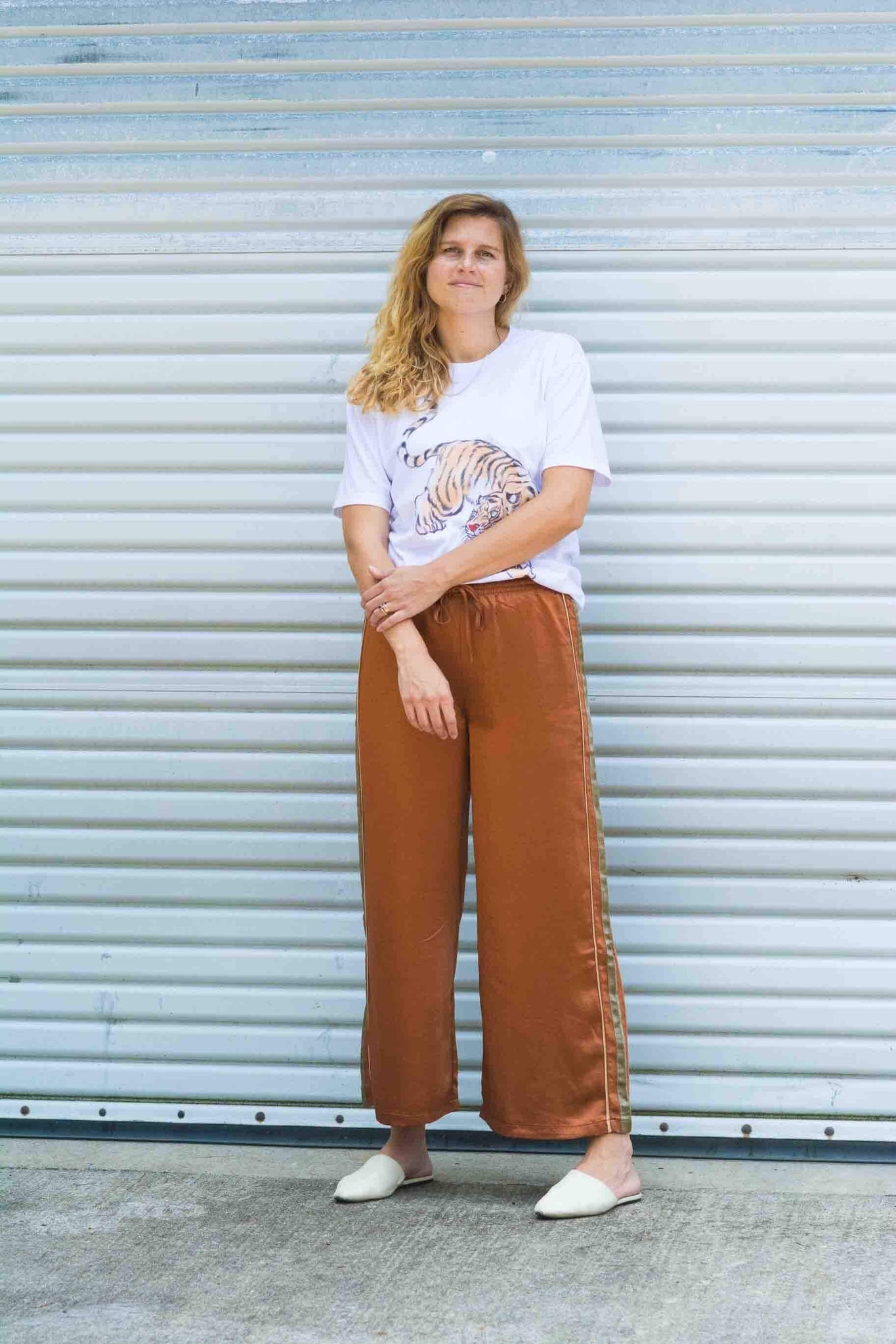 SIDE STRIPE SATIN PANTS IN RUST KITS BRAND  affordable Womens and Mens trendy online streetwear fashion boutique 