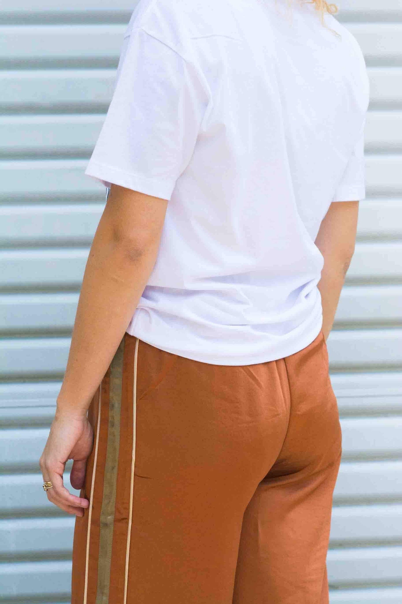 SIDE STRIPE SATIN PANTS IN RUST KITS BRAND  affordable Womens and Mens trendy online streetwear fashion boutique 