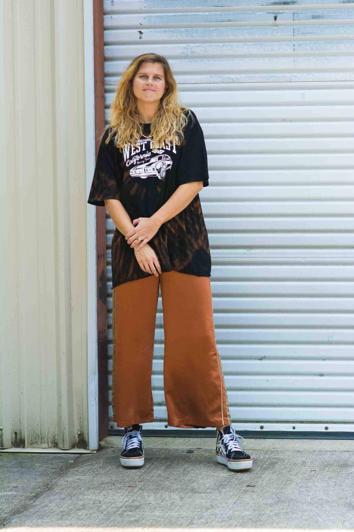 SIDE STRIPE SATIN PANTS IN RUST KITS BRAND  affordable Womens and Mens trendy online streetwear fashion boutique 