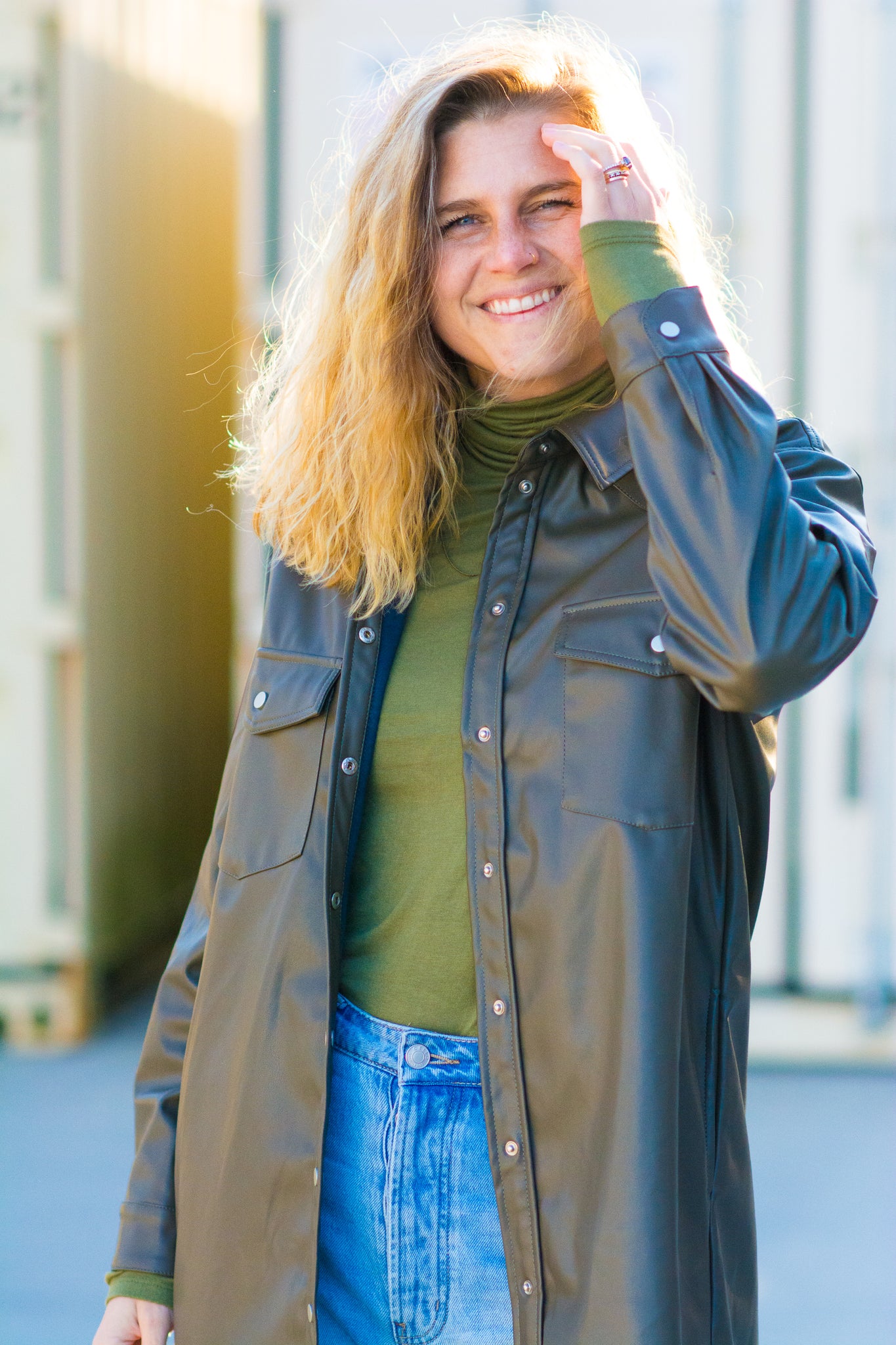 DEJA VU FAUX LEATHER SHACKET IN OLIVE KITS BRAND  affordable Womens and Mens trendy online streetwear fashion boutique 