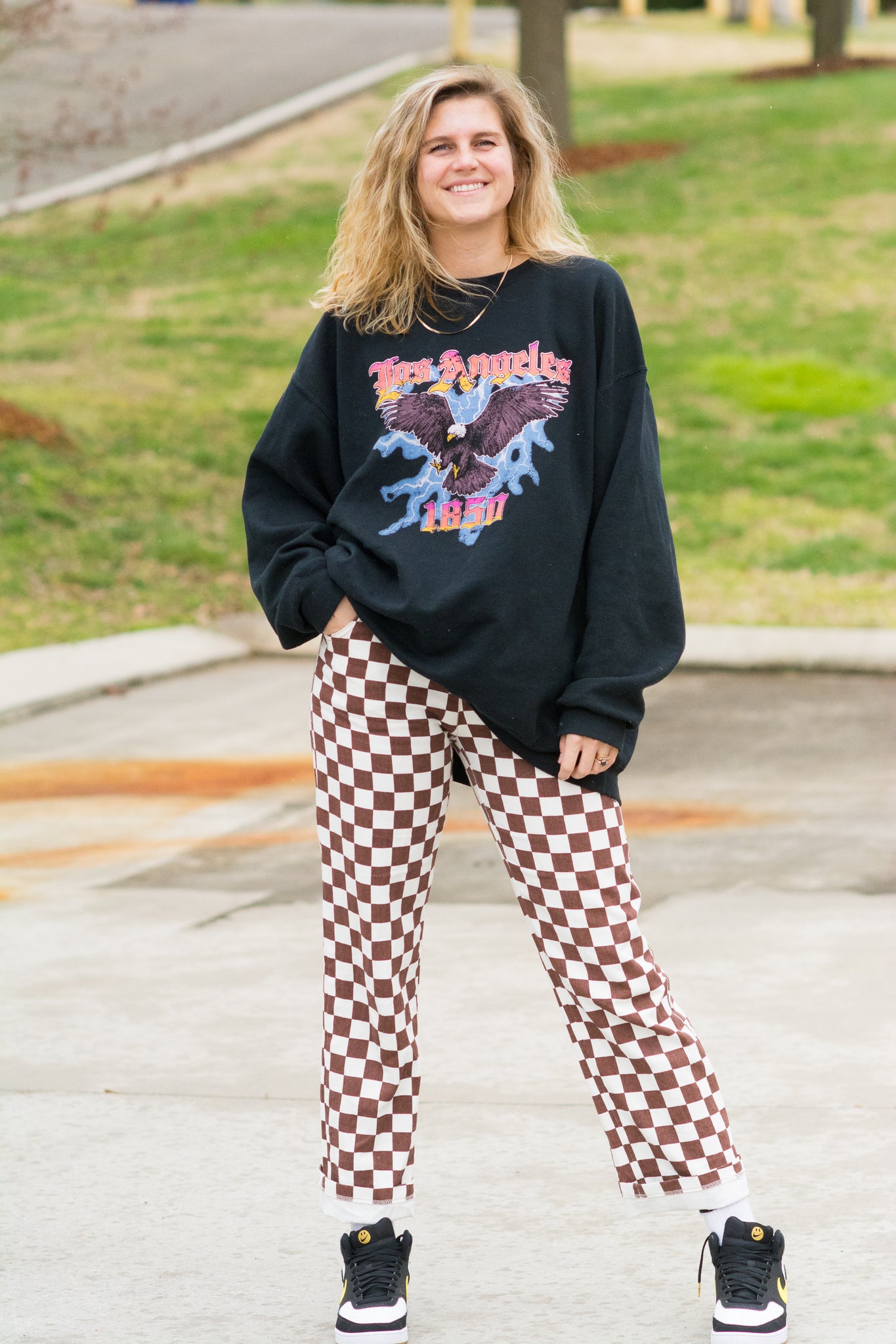 WONDERLAND CHECKERED DENIM PANTS IN BROWN KITS BRAND  affordable Womens and Mens trendy online streetwear fashion boutique 