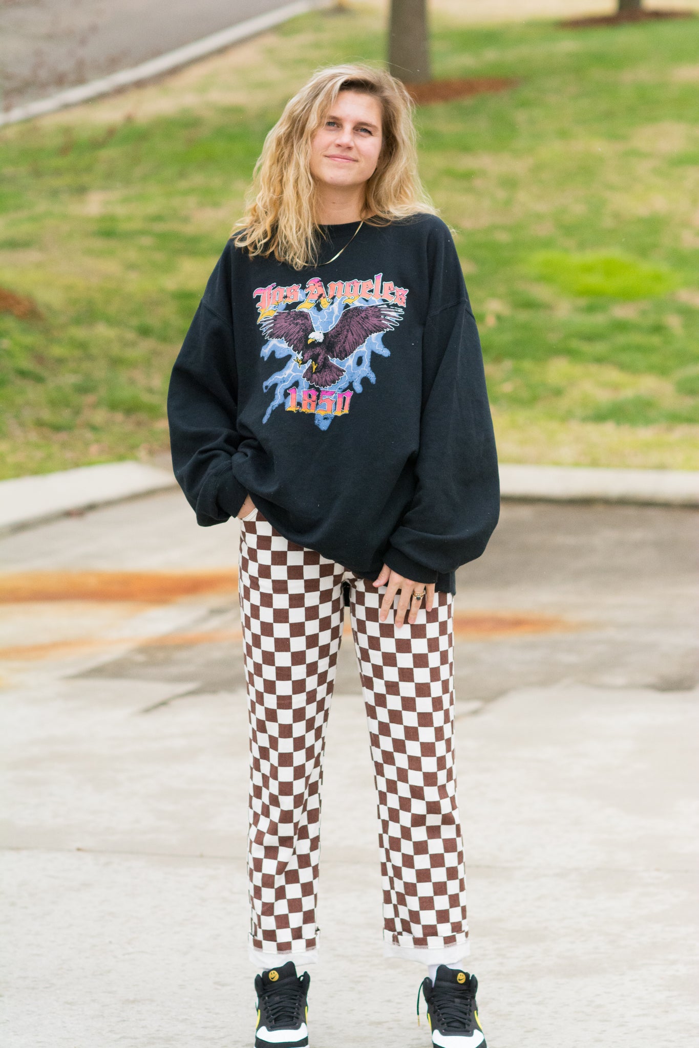 WONDERLAND CHECKERED DENIM PANTS IN BROWN KITS BRAND  affordable Womens and Mens trendy online streetwear fashion boutique 