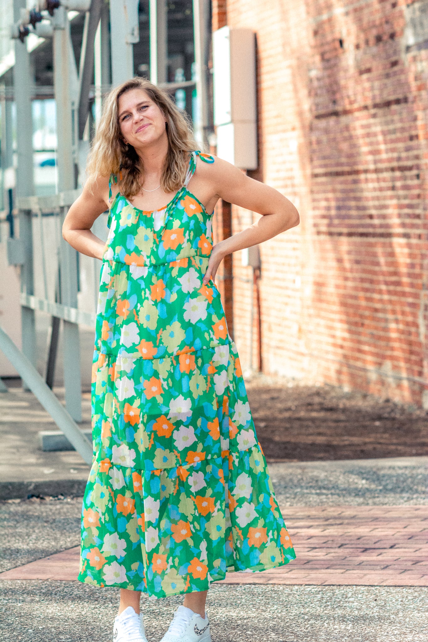 BRIGHTER DAYS FLORAL TIERED MIDI DRESS KITS BRAND  affordable Womens and Mens trendy online streetwear fashion boutique 