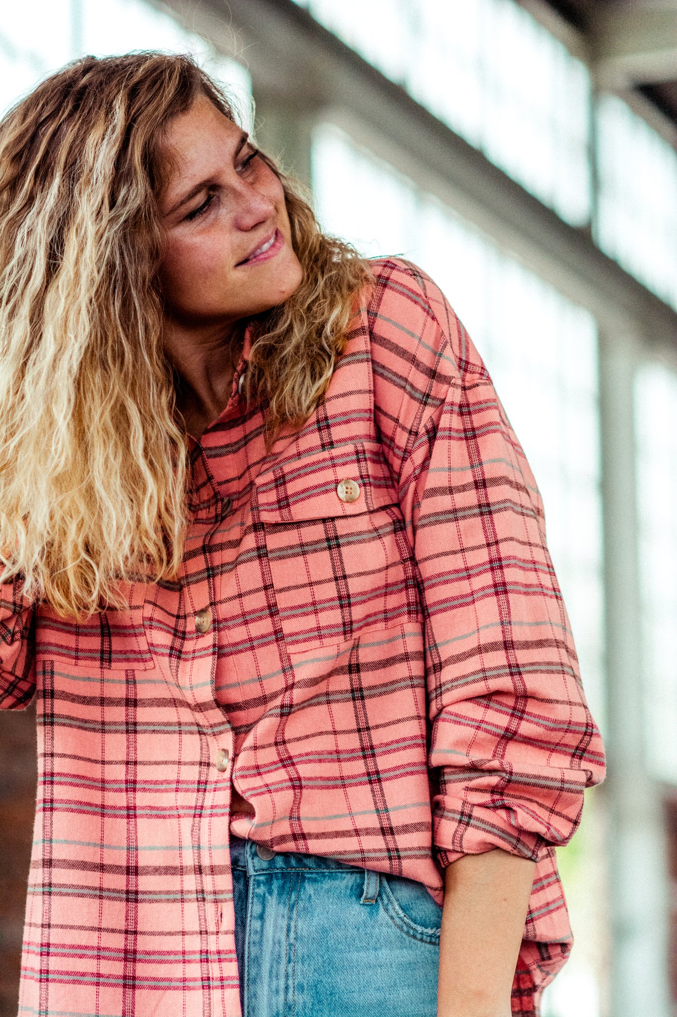 JUST PEACHY FLANNEL SHIRT IN PINK KITS BRAND  affordable Womens and Mens trendy online streetwear fashion boutique 
