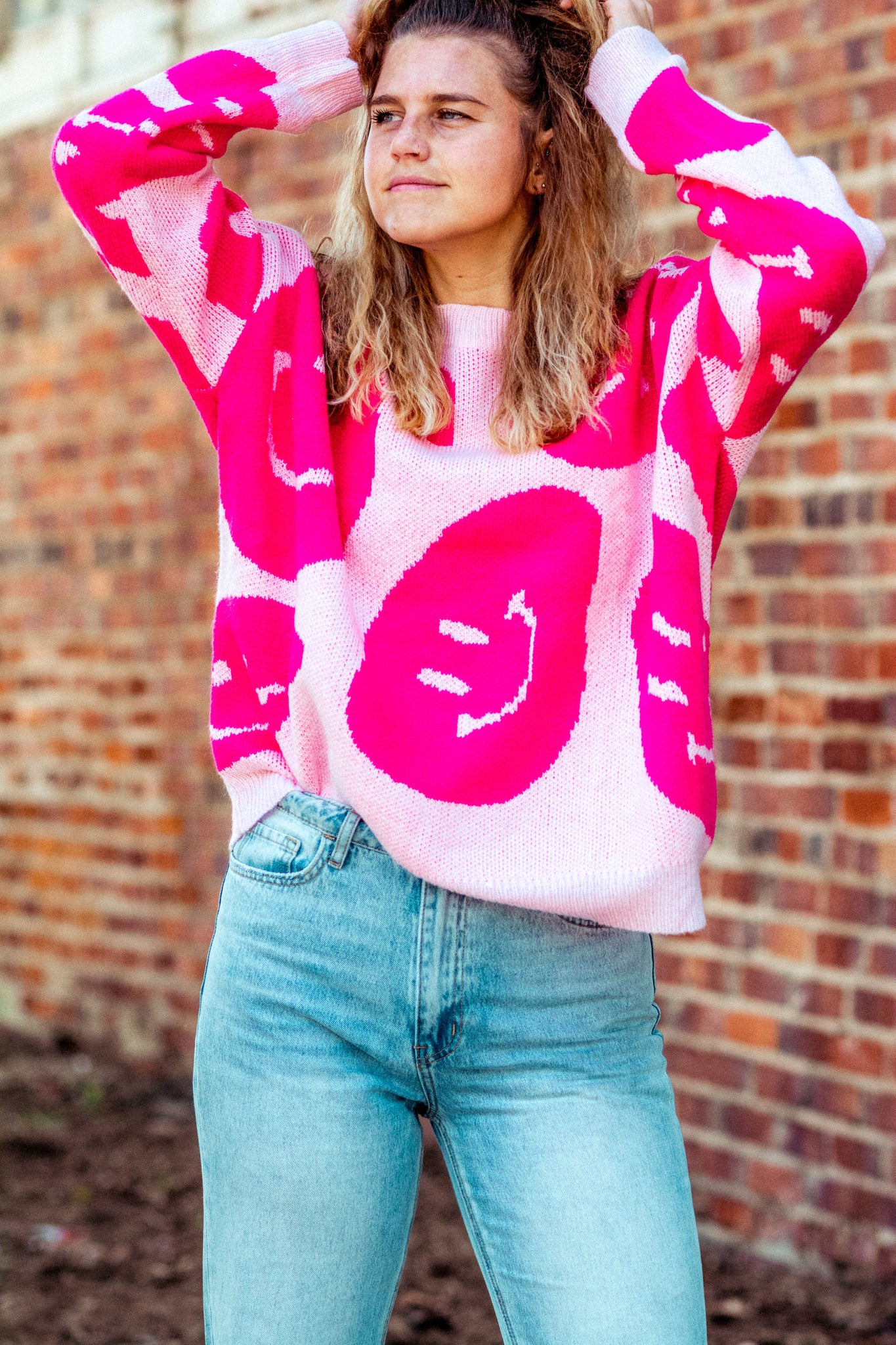 COME TOGETHER SMILEY SWEATER IN PINK KITS BRAND  affordable Womens and Mens trendy online streetwear fashion boutique 