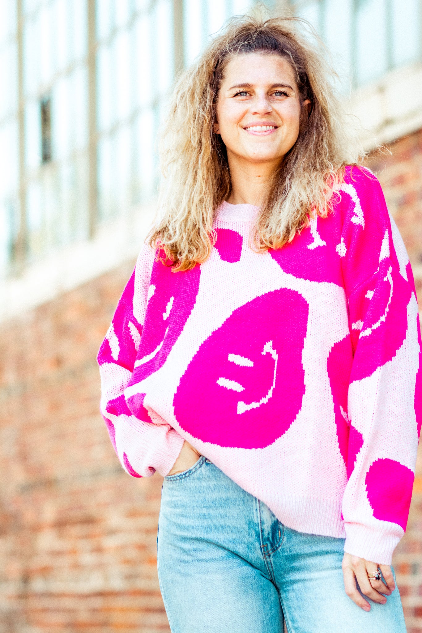 COME TOGETHER SMILEY SWEATER IN PINK KITS BRAND  affordable Womens and Mens trendy online streetwear fashion boutique 