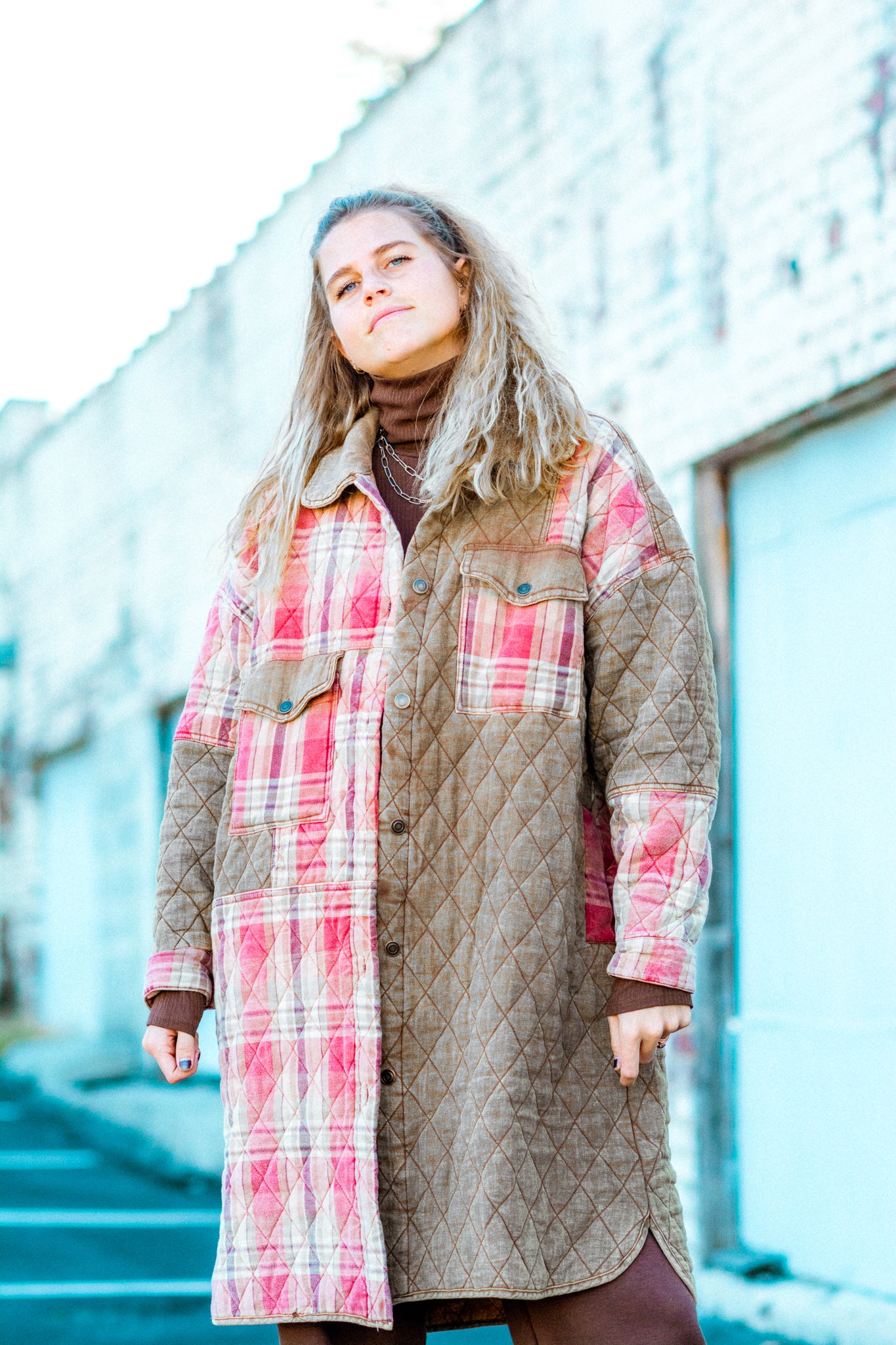PATCHED UP QUILTED PLAID OVERSIZED SHACKET IN CAMEL KITS BRAND  affordable Womens and Mens trendy online streetwear fashion boutique 