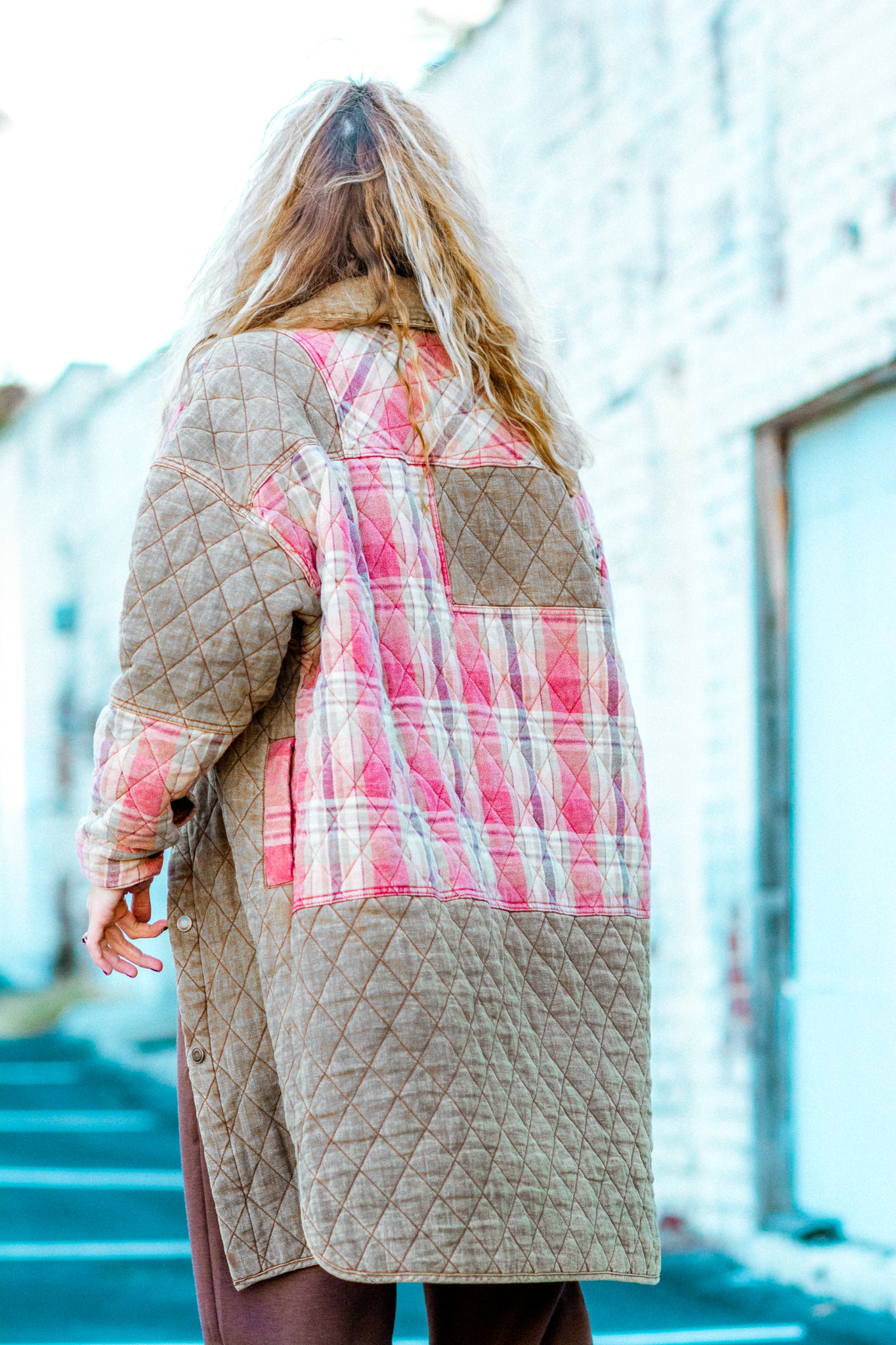 PATCHED UP QUILTED PLAID OVERSIZED SHACKET IN CAMEL KITS BRAND  affordable Womens and Mens trendy online streetwear fashion boutique 