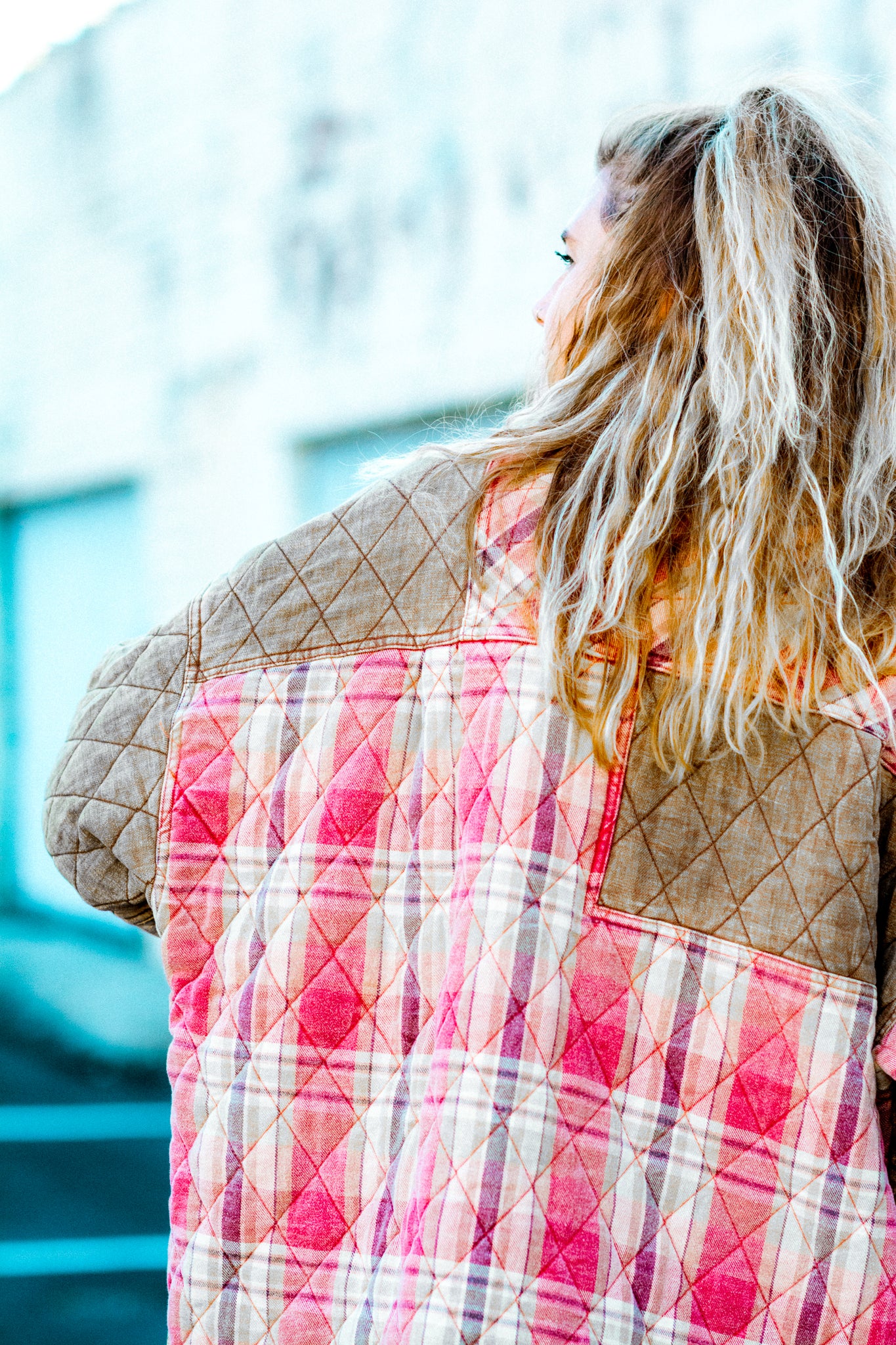 PATCHED UP QUILTED PLAID OVERSIZED SHACKET IN CAMEL KITS BRAND  affordable Womens and Mens trendy online streetwear fashion boutique 