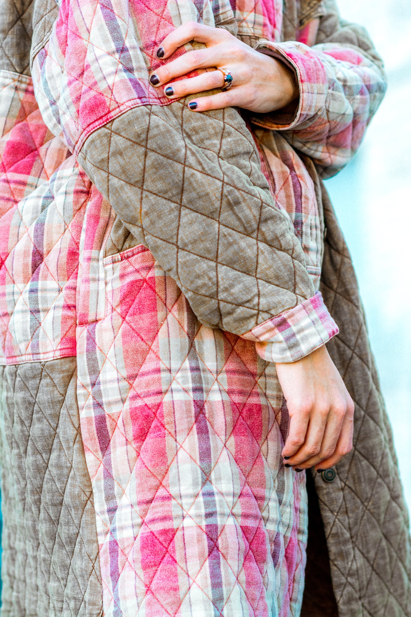 PATCHED UP QUILTED PLAID OVERSIZED SHACKET IN CAMEL KITS BRAND  affordable Womens and Mens trendy online streetwear fashion boutique 