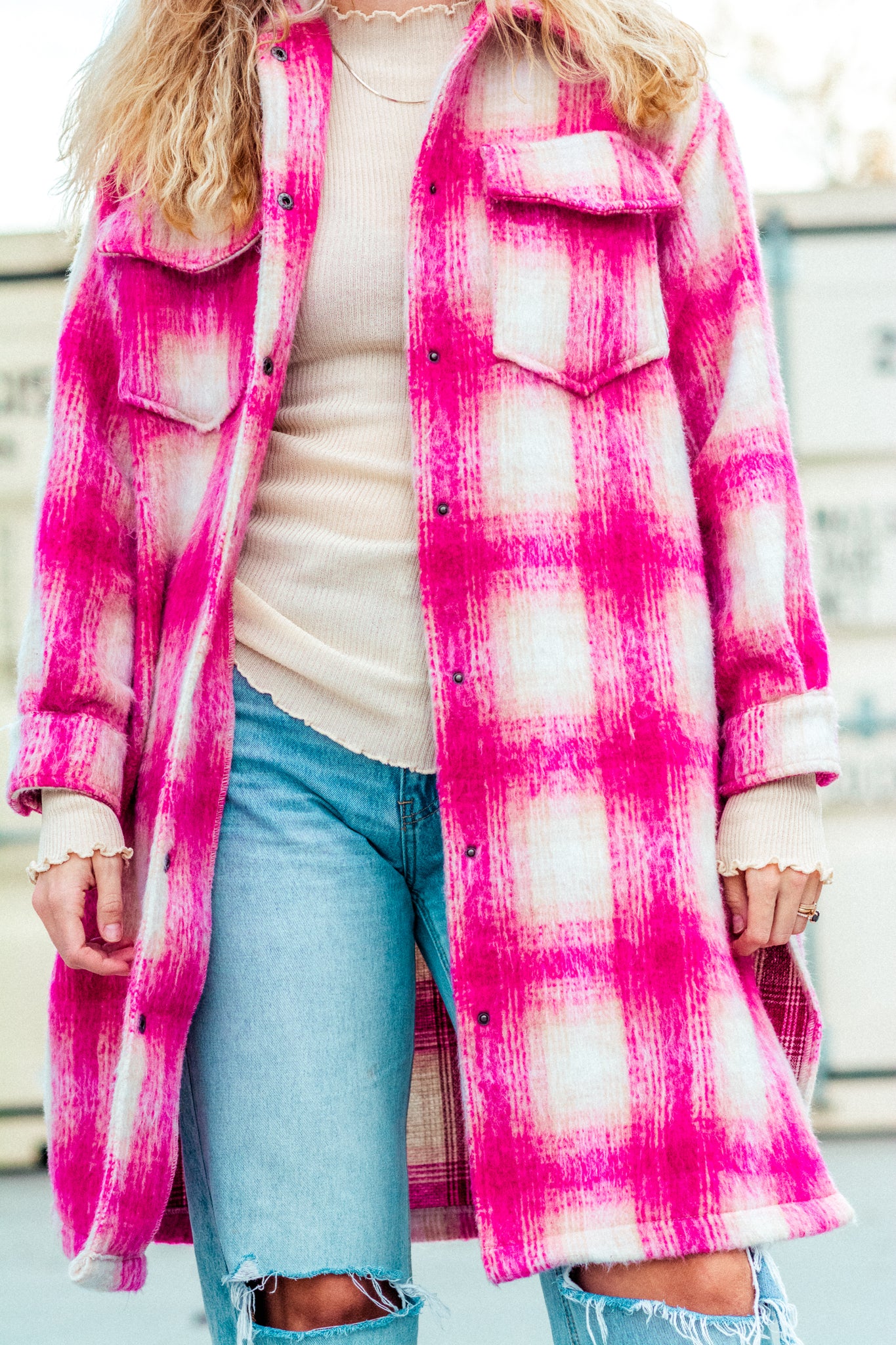 PRETTY IN PINK OVERSIZED PLAID SHACKET KITS BRAND  affordable Womens and Mens trendy online streetwear fashion boutique 