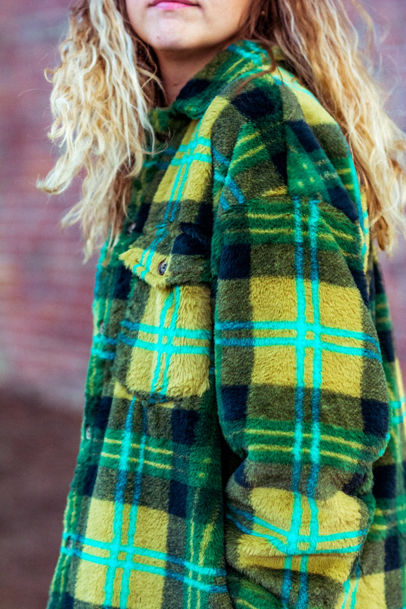 GREEN DAY FAUX FUR PLAID SHACKET KITS BRAND  affordable Womens and Mens trendy online streetwear fashion boutique 