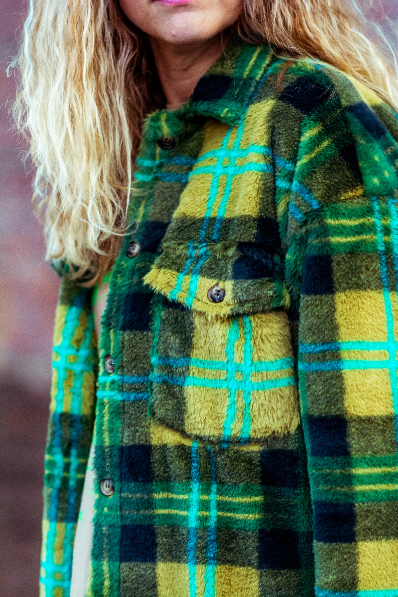 GREEN DAY FAUX FUR PLAID SHACKET KITS BRAND  affordable Womens and Mens trendy online streetwear fashion boutique 