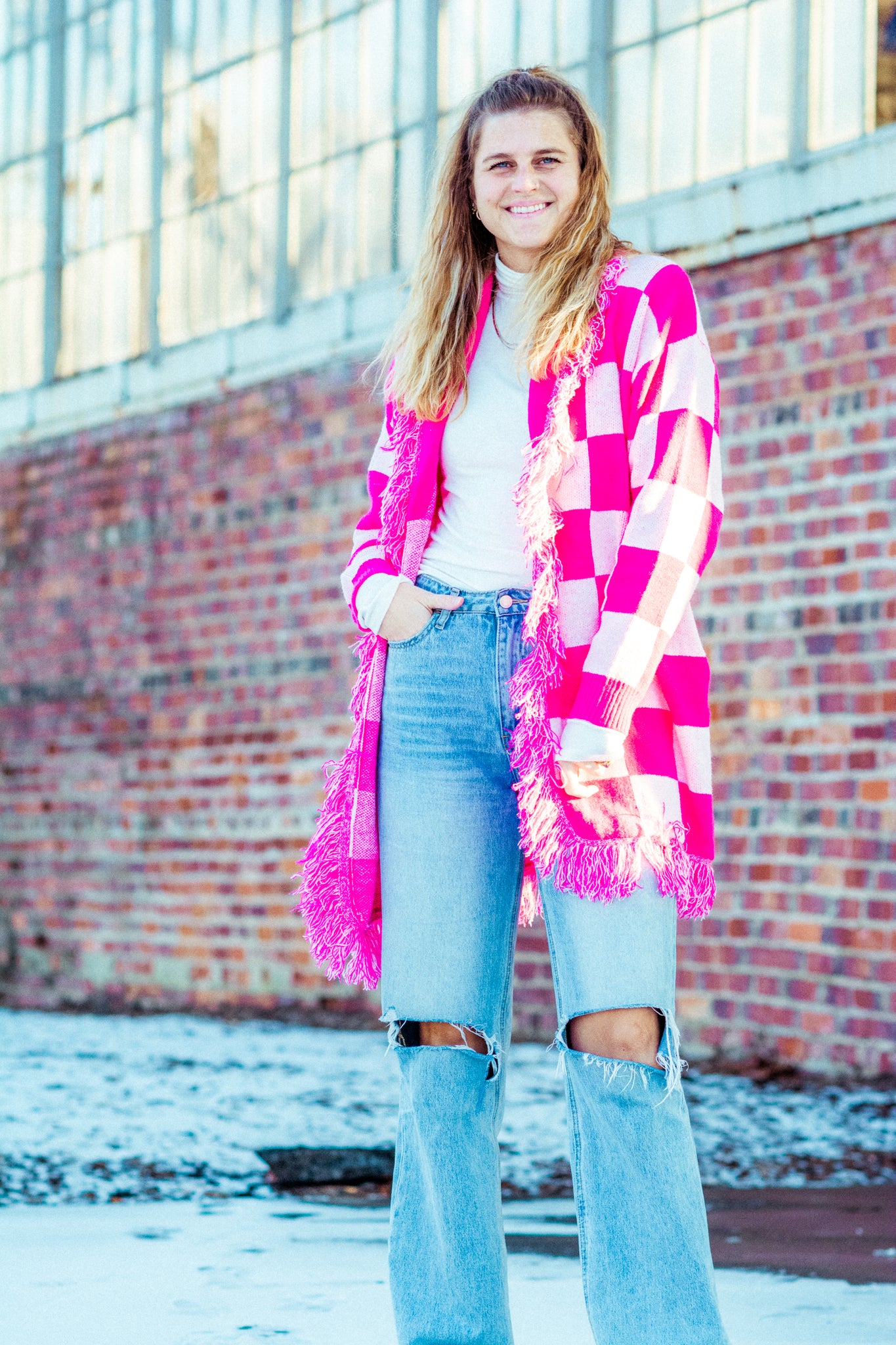 ADELINA CHECKERBOARD LONGLINE CARDIGAN KITS BRAND  affordable Womens and Mens trendy online streetwear fashion boutique 