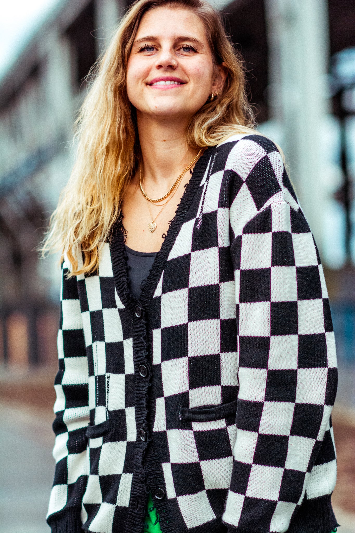 RUN RIGHT BACK CHECKERED DISTRESSED CARDIGAN KITS BRAND  affordable Womens and Mens trendy online streetwear fashion boutique 