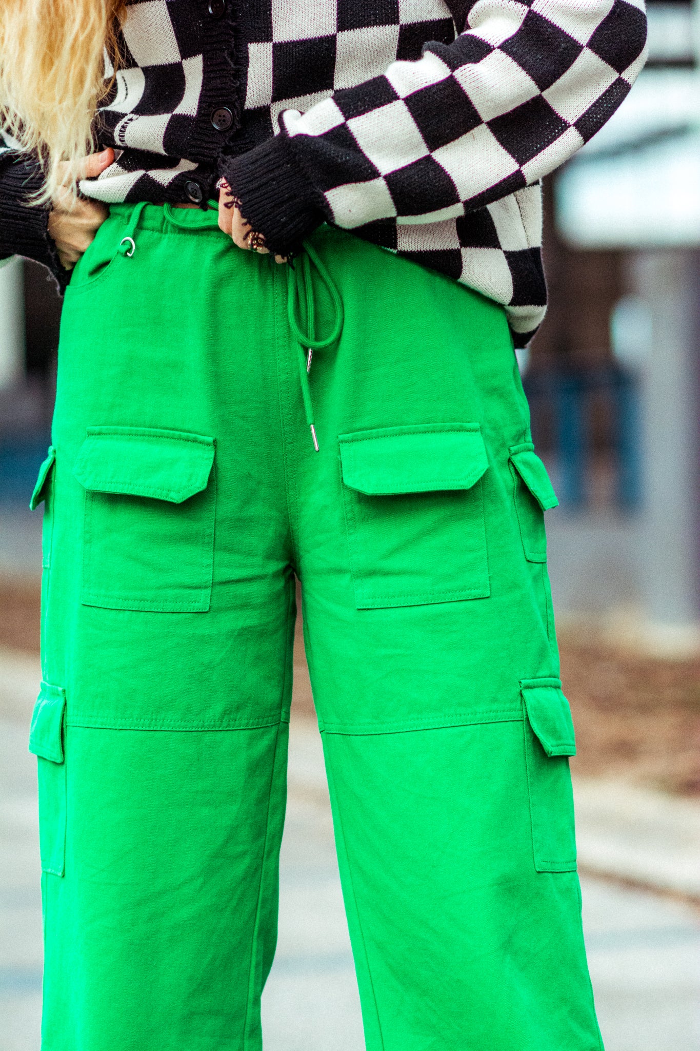 CAUTION DRAWSTRING CARGO PANTS IN KELLY GREEN KITS BRAND  affordable Womens and Mens trendy online streetwear fashion boutique 
